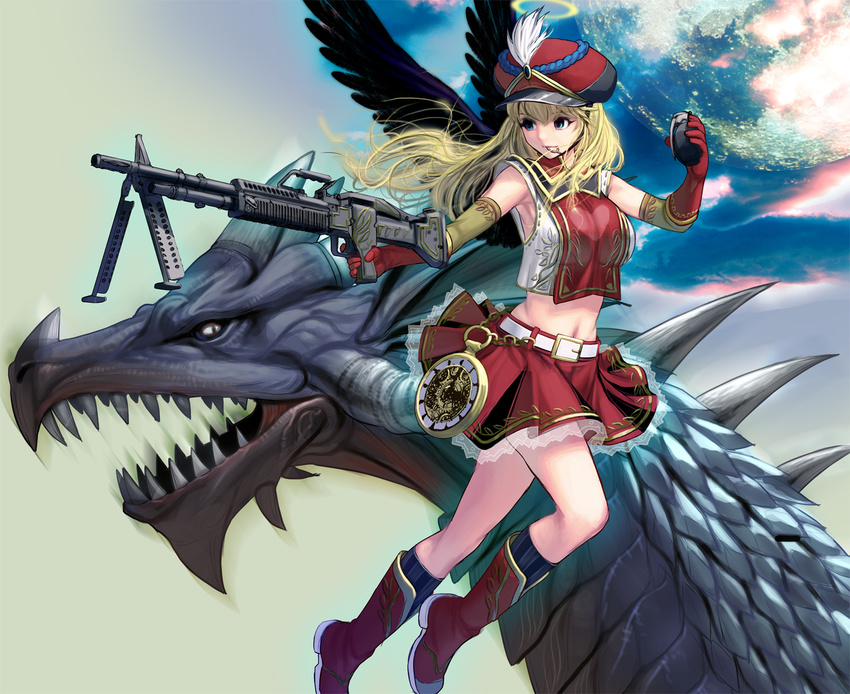 angel_wings armpits belt black_wings blue_eyes boots breasts crop_top crop_top_overhang dragon elbow_gloves explosive fallen_angel gloves grenade grenade_pin gun hat highres large_breasts long_hair m60 machine_gun masao midriff mouth_hold navel original oversized_object pocket_watch red_gloves shirt skirt sleeveless sleeveless_shirt thighs watch weapon wings