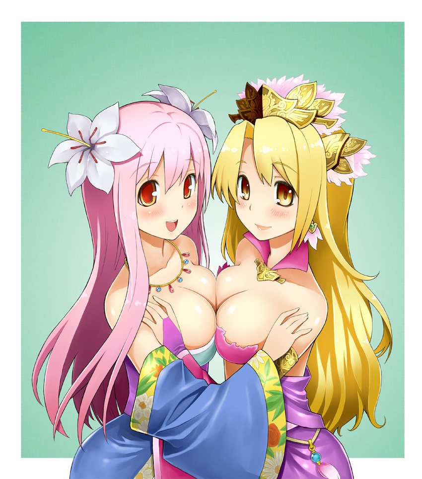 armlet blonde_hair blush breast_press breasts bridal_gauntlets cleavage crossover earrings flower hair_flower hair_ornament headdress highres jewelry kankougou large_breasts long_hair looking_at_viewer multiple_girls nitroplus open_mouth pink_hair red_eyes sangokushi_taisen smile super_sonico symmetrical_docking teruya_kazuhito yellow_eyes