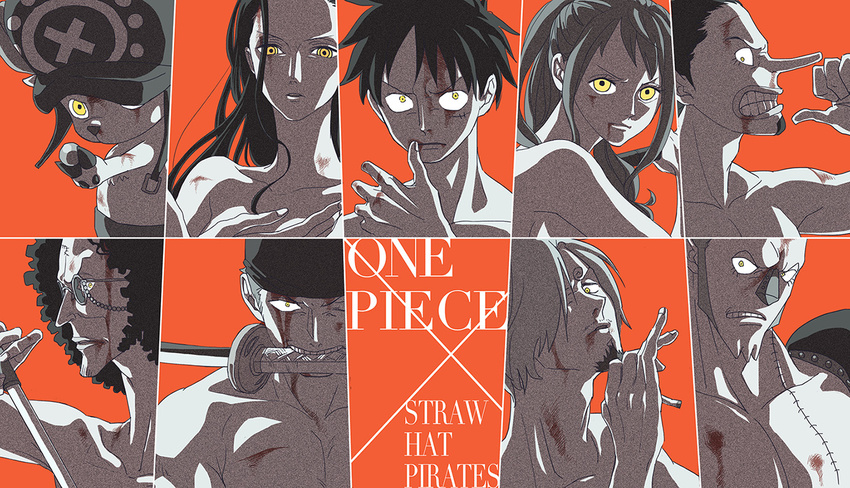 2girls 6+boys afro bandanna blood brook candy cigarette cyborg franky glare glaring hair_over_one_eye hat injury long_hair marksman monkey_d_luffy mouth_hold multiple_boys multiple_girls nami nami_(one_piece) nico_robin one-eyed one_piece pirate ponytail reindeer roronoa_zoro sanji smoking stitching sword swordsman tony_tony_chopper usopp weapon yellow_eyes younger