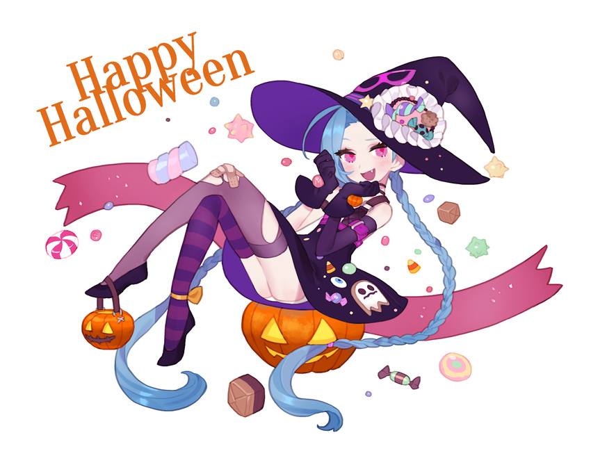 1girl :d asymmetrical_legwear black_gloves blue_hair braid candy crossed_bandaids fang gloves gwayo happy_halloween hat jack-o'-lantern jack-o'-lantern jinx_(league_of_legends) league_of_legends legs_crossed long_hair looking_at_viewer open_mouth pink_eyes smile solo striped striped_legwear thighhighs twin_braids very_long_hair white_background witch_hat