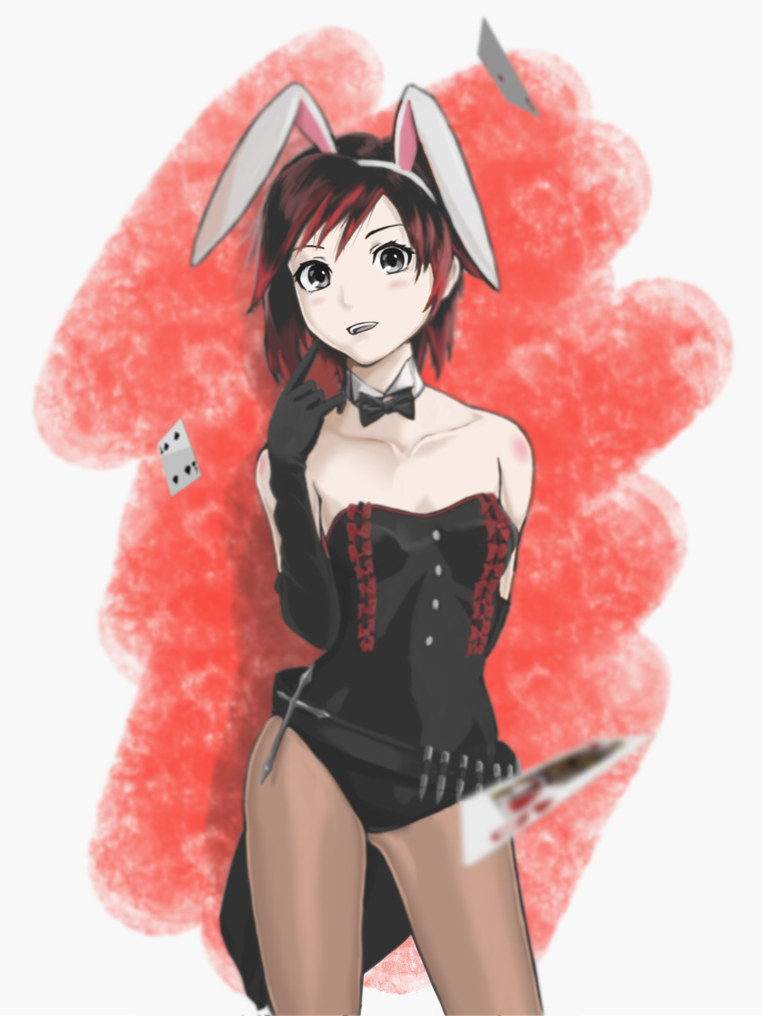 \n/ absurdres ace animal_ears bandolier bare_shoulders black_gloves black_hair blurry bow bowtie bullet bunny_ears bunnysuit card cartridge collarbone cross depth_of_field detached_collar diamond_(shape) elbow_gloves fake_animal_ears finger_to_cheek finger_to_face gloves gradient_hair grey_eyes hairband heart highres looking_at_viewer multicolored_hair pantyhose parted_lips peroperoshinobu playing_card red_hair ruby_rose rwby short_hair solo spade_(shape) two-tone_hair