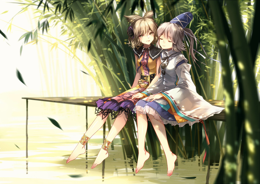 anklet bamboo bangs barefoot belt blonde_hair closed_eyes earmuffs foot_dangle hat hat_ribbon highres holding_hands jewelry kieta lace lace-trimmed_skirt leaf long_legs long_sleeves looking_at_another mononobe_no_futo multiple_girls neck_ribbon open_mouth outdoors pier plant pointy_hair pom_pom_(clothes) pond ponytail ribbon ribbon-trimmed_sleeves ribbon_trim shirt side-by-side silver_hair sitting skirt sleeveless sleeveless_shirt smile tate_eboshi touhou toyosatomimi_no_miko water wide_sleeves wing_collar yellow_eyes yuri