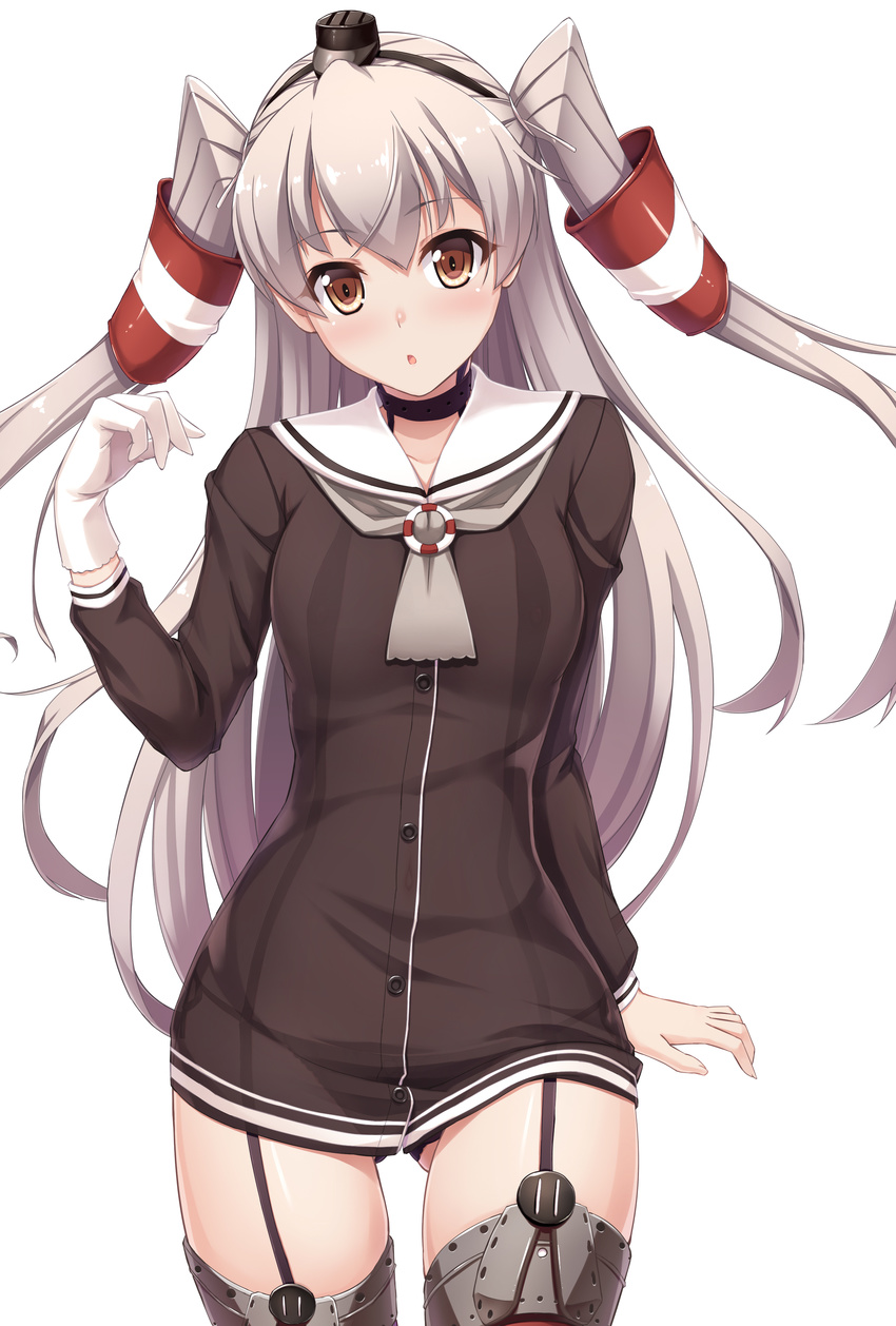 absurdres amatsukaze_(kantai_collection) black_panties blush breasts brown_eyes choker dress fujirin garter_straps gloves hair_tubes highres kantai_collection long_hair looking_at_viewer navel panties sailor_dress see-through short_dress side-tie_panties silver_hair simple_background single_glove small_breasts solo thighhighs two_side_up underwear white_background