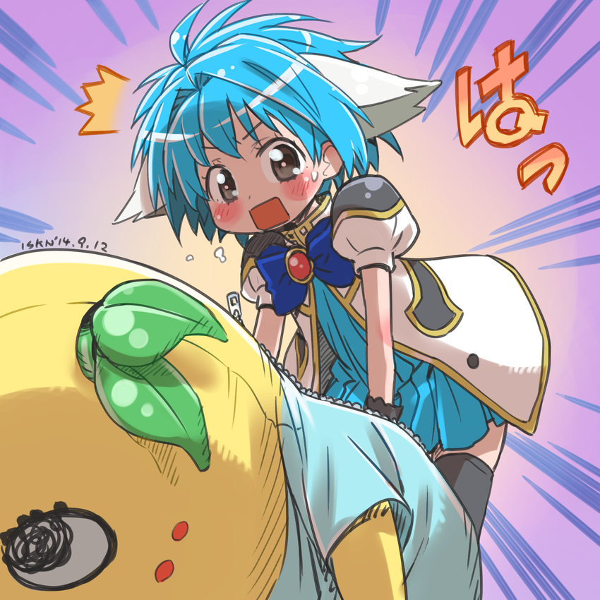 1girl animal_ears blue_hair blue_skirt blush caught costume dated funasshii galaxy_angel highres isedaichi_ken looking_at_viewer mascot_costume mint_blancmanche open_mouth rectangular_mouth short_hair signature skirt solo thighhighs yellow_eyes