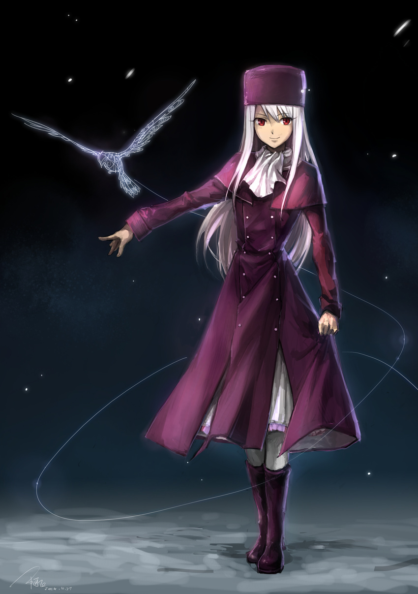 absurdres boots familiar fate/stay_night fate_(series) hat highres illyasviel_von_einzbern linjie long_hair looking_at_viewer older outstretched_arm purple_footwear purple_hat red_eyes smile solo white_hair