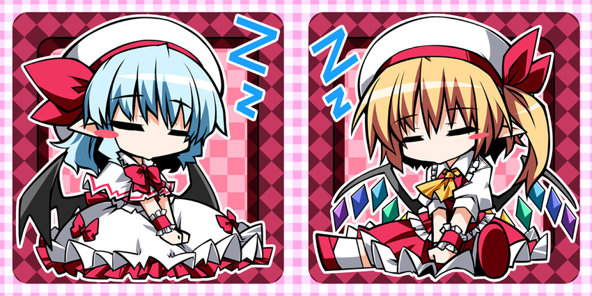 ascot bat_wings blonde_hair blue_hair blush_stickers bow chibi closed_eyes dress flandre_scarlet hat hat_ribbon hemogurobin_a1c mob_cap multiple_girls pointy_ears puffy_short_sleeves puffy_sleeves red_dress remilia_scarlet ribbon short_sleeves siblings side_ponytail sisters sitting sleeping touhou v_arms white_dress wings wrist_cuffs
