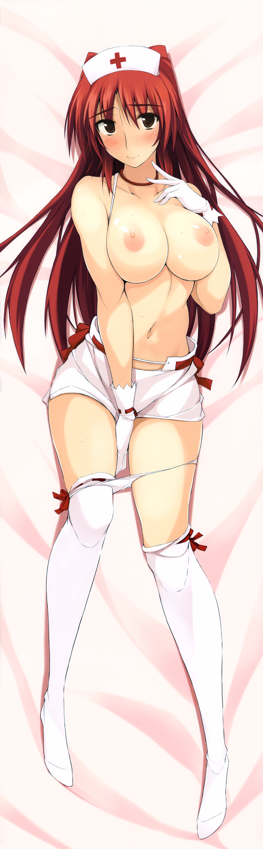 absurdres blush breasts brown_eyes covering covering_crotch dakimakura full_body gloves hat highres kousaka_tamaki large_breasts long_hair miniskirt nipples no_bra nurse_cap panties panty_pull red_hair skirt smile solo thighhighs thighhighs_pull to_heart_2 underwear white_gloves white_legwear white_panties zekkyon