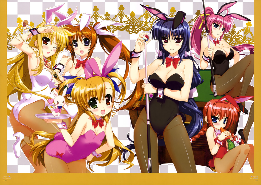 absurdres ahoge alcohol animal_ears ass black_legwear black_leotard blonde_hair blue_eyes blue_leotard bottle bow bowtie braid breasts bunny_girl bunnysuit carrot champagne checkered checkered_background cleavage cork cue_stick detached_collar drunk eating fake_animal_ears fate_testarossa flat_chest fujima_takuya green_eyes hairband heart heterochromia highres large_breasts leotard long_hair lyrical_nanoha mahou_shoujo_lyrical_nanoha_vivid micaiah_chevelle multiple_girls official_art one_eye_closed pantyhose pink_hair pink_leotard plate ponytail pool_table purple_eyes purple_hair red_eyes red_hair red_leotard sacred_heart scan sheer_legwear side_ponytail signum takamachi_nanoha twin_braids very_long_hair vita vivio white_leotard wrist_cuffs