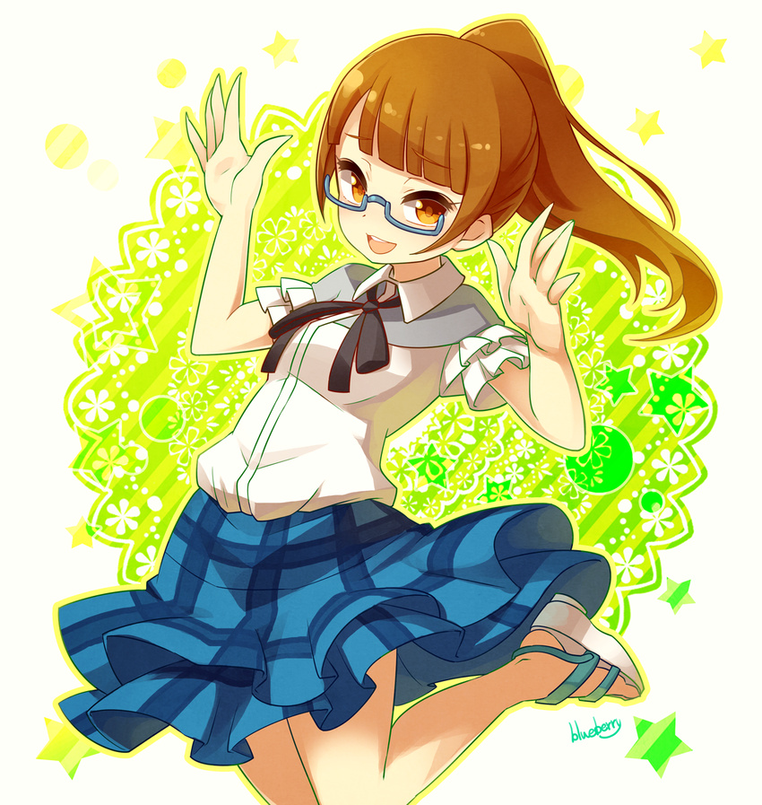 artist_name blue_skirt blueberry_(5959) brown_eyes brown_hair glasses highres long_hair looking_at_viewer minami_mirei open_mouth plaid plaid_skirt ponytail pretty_(series) pripara semi-rimless_eyewear skirt smile solo star under-rim_eyewear