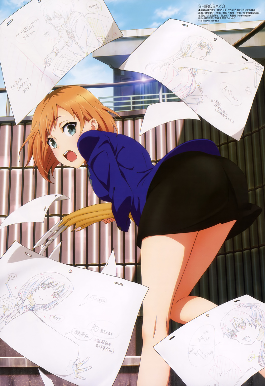 :d :o absurdres aqua_eyes ass bangs bent_over black_skirt blazer blunt_bangs chair chin_stroking cloud crossed_arms day dropping folder from_behind glint hair_between_eyes hair_over_shoulder highres holding imai_midori jacket key_frame keyboard_(computer) kneepits legs light_smile long_legs long_sleeves looking_at_viewer looking_back low_twintails megami miniskirt miyamori_aoi mouse_(computer) multiple_girls natsuzumi_aiko non-web_source office_chair official_art open_mouth orange_hair outdoors outstretched_arm paper pencil pencil_skirt railing sakaki_shizuka scan shirobako short_hair sitting sketch skirt sky smile solo_focus surprised swept_bangs toudou_misa twintails yasuhara_ema
