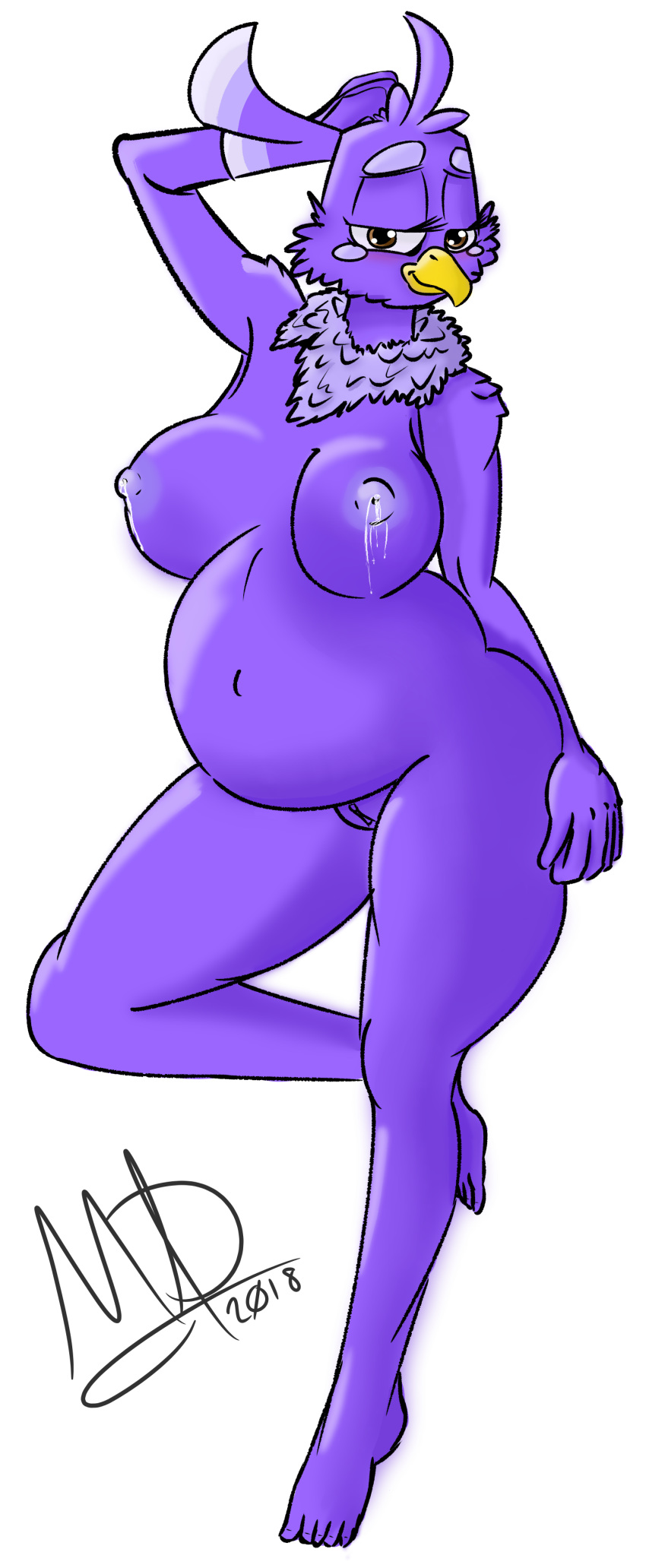 2018 amoistdigestive anthro anthrofied areola avian bedroom_eyes big_breasts big_butt bird blush breasts brown_eyes butt feathers female fur green_eyes hair half-closed_eyes lactating melissa_morgan nipples non-mammal_breasts nude pregnant pussy seductive simple_background solo standing super_planet_dolan thick_thighs wide_hips