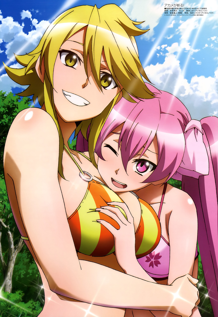 absurdres akame_ga_kill! bare_shoulders blonde_hair blush body_blush breast_grab breasts cleavage collarbone floral_print grabbing grin highres hug kimiya_ryousuke large_breasts leone long_hair megami mine_(akame_ga_kill!) multiple_girls o-ring o-ring_bikini official_art one_eye_closed pink_eyes pink_hair scan short_hair smile sparkle sunlight tree twintails yuri