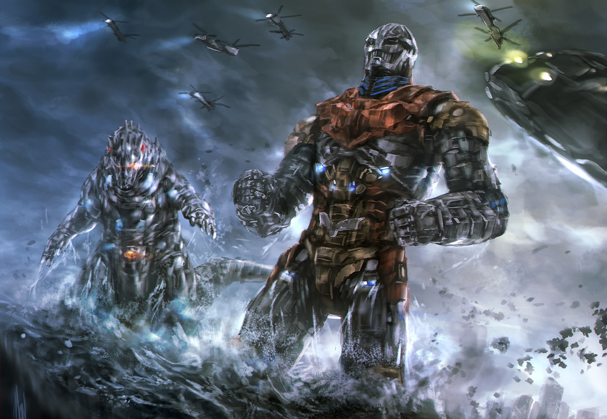 epic glowing glowing_eyes godzilla_(series) helicopter highres jet_jaguar kaijuu mad_(artist) mecha mechagodzilla no_humans ocean pacific_rim parody realistic robot science_fiction sky style_parody super_robot water