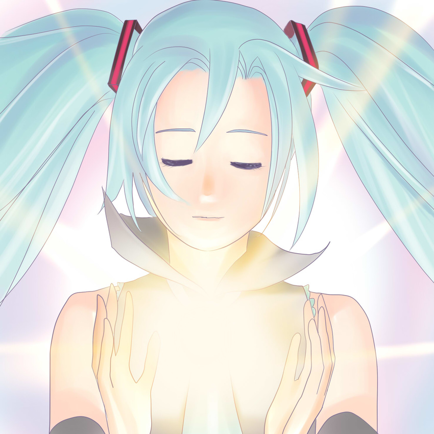 1girl blue_hair calborn detached_sleeves eyes_closed glowing hatsune_miku sleeveless solo twintails vocaloid