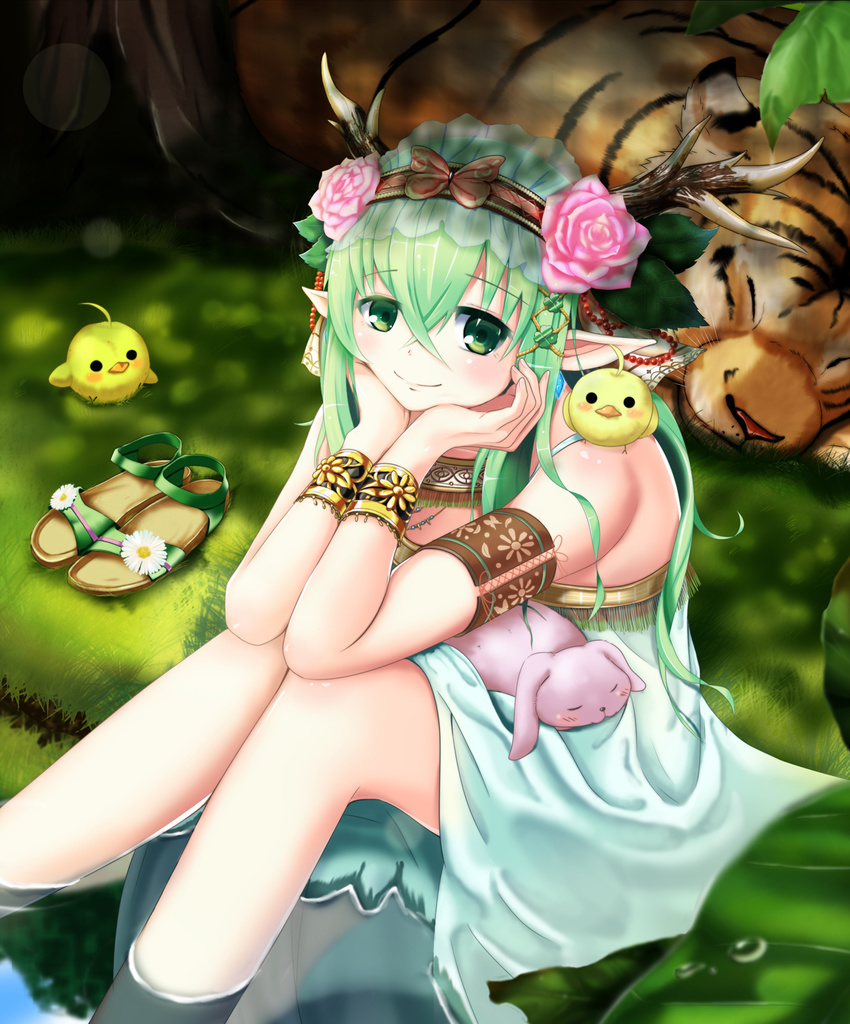 animal animal_on_lap animal_on_shoulder armlet bare_shoulders bird bird_on_shoulder bracer bunny chick chin_rest dress elbows_on_knees elf flower grass green_eyes green_hair hair_between_eyes hair_flower hair_ornament headband highres horns long_hair nature original partially_submerged pointy_ears qixi_cui_xing sandals_removed sitting sleeping smile solo tiger water