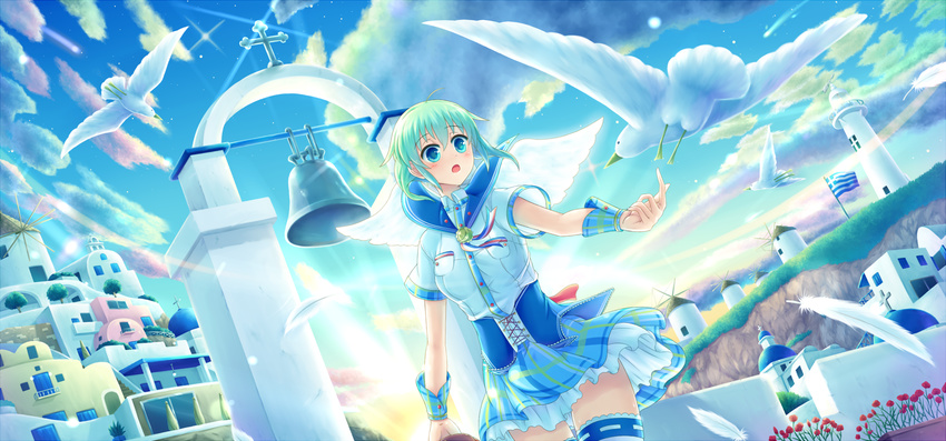 :o bad_id bad_pixiv_id bell bird bird_wings blue_eyes blue_sailor_collar building cloud cowboy_shot cross dutch_angle feathers flower green_hair highres looking_at_another original outdoors plaid plaid_skirt sailor_collar sakakidani short_hair short_sleeves skirt sky solo star_(sky) thighhighs white_wings wings wrist_cuffs zettai_ryouiki