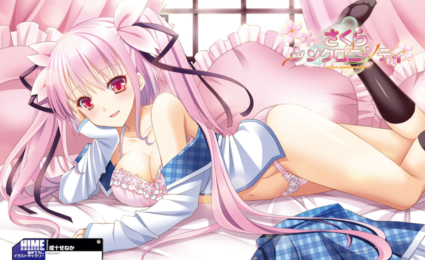 :d absurdres alto_seneka artist_name bare_shoulders bed black_legwear blush bra breasts character_name cherry_blossoms chin_rest cleavage collarbone curtains dengeki_hime frilled_pillow frills from_side groin hair_ornament hair_ribbon hand_on_own_face highres kamishiro_rise kneehighs large_breasts legs_up logo long_hair long_sleeves lying navel off_shoulder official_art on_bed on_stomach open_clothes open_mouth open_shirt panties pillow pink_bra pink_hair pink_panties plaid plaid_skirt pleated_skirt red_eyes ribbon sakura_synchronicity scan school_uniform serafuku shirt sidelocks skirt skirt_removed sleeves_past_wrists smile twintails underwear very_long_hair window