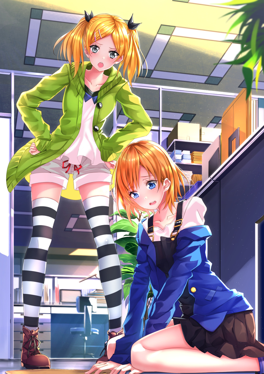 :o blonde_hair blue_eyes chair collarbone computer desk dress grey_eyes hair_ornament hairclip hands_on_hips highres hood hoodie long_legs miyamori_aoi mole mole_under_eye multiple_girls off_shoulder office office_chair open_mouth overall_skirt overalls pinafore_dress shirobako short_hair shorts sitting skirt striped striped_legwear swordsouls thighhighs twintails unbuttoned yano_erika