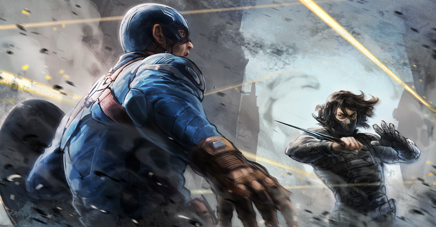 battle captain_america captain_america_the_winter_soldier dagger duel face_mask highres james_buchanan_barnes kio09 knife marvel mask mechanical_arm multiple_boys reverse_grip shield steve_rogers superhero weapon winter_soldier