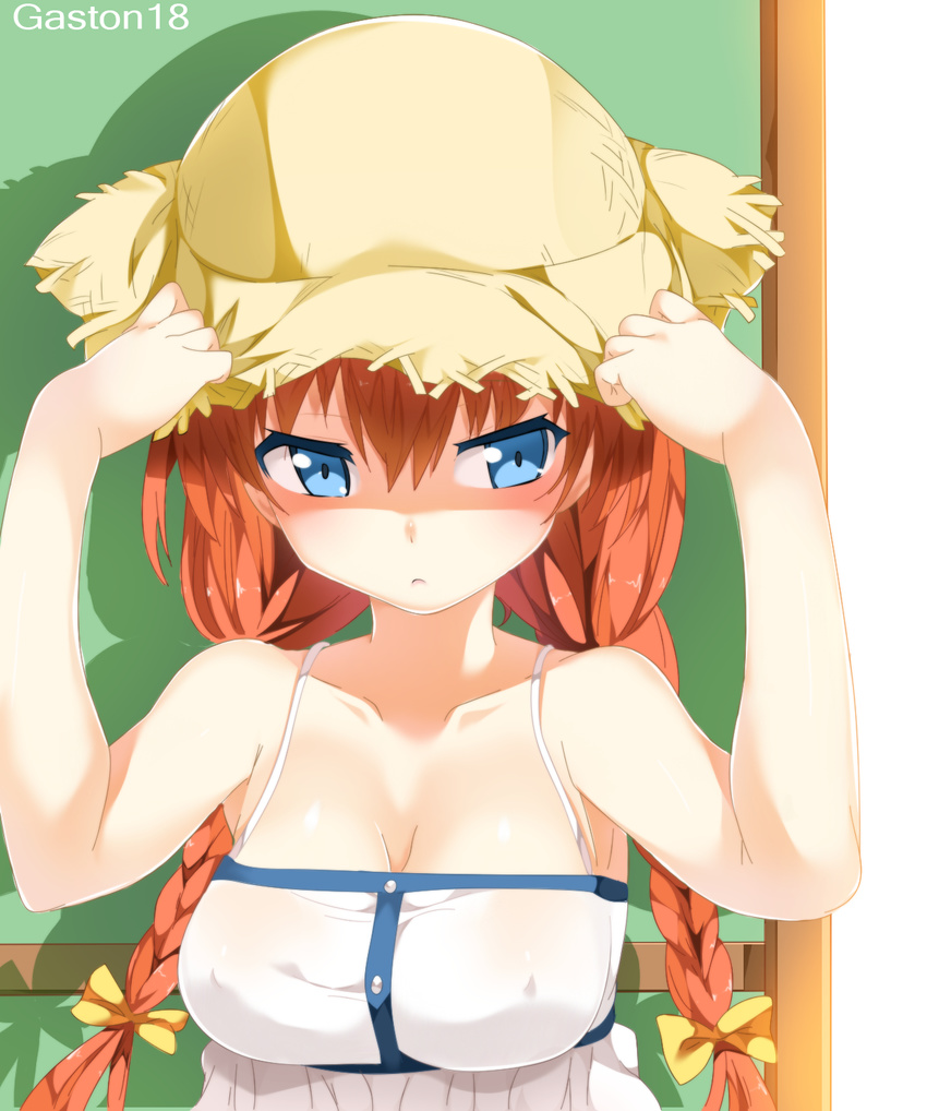 adjusting_clothes adjusting_hat artist_name bangs bare_shoulders blue_eyes bow braid breasts cleavage collarbone colored_eyelashes covered_nipples derivative_work dress gaston18 hair_between_eyes hair_bow hands_on_headwear hands_up hat highres hisasi large_breasts long_hair looking_down mishima_asuka_(taiyou_no_shizuku) orange_hair original pout shadow solo straw_hat sundress taiyou_no_shizuku twin_braids upper_body white_dress