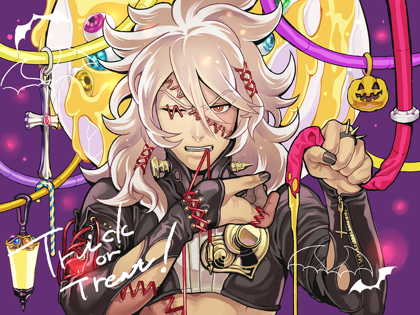 bat black_nails candy candy_cane cross dolustoy english face food halloween inazuma_eleven_(series) inazuma_eleven_go inazuma_eleven_go_galaxy jack-o'-lantern kusaka_ryuuji long_hair male_focus mouth_hold nail_polish one_eye_closed open_eyes red_eyes screw solo stitches trick_or_treat upper_body