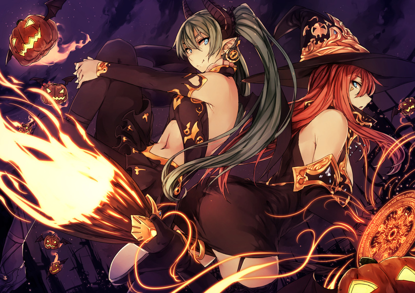 bat_earrings blue_eyes broom broom_riding crescent crescent_earrings detached_sleeves dress earrings elbow_gloves fang garter_straps gloves green_hair halloween hat hatsune_miku horns jack-o'-lantern jack-o'-lantern_earrings jewelry kyouya_(mukuro238) long_hair magic_circle megurine_luka multiple_girls navel night pantyhose pointy_ears red_hair riding skirt thighhighs twintails vocaloid witch_hat