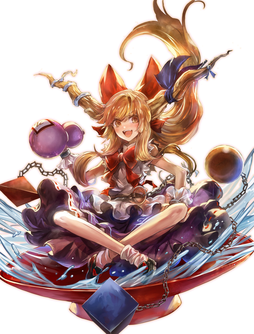 :d alcohol bangs bare_arms bare_shoulders black_footwear blouse blue_ribbon blue_skirt blush bow bowtie brown_eyes chains cube cuffs cup eyebrows_visible_through_hair fangs floating_hair full_body gourd hair_bow highres holding horn_ribbon horns ibuki_suika indian_style kozou_(soumuden) loafers long_hair looking_at_viewer oni oni_horns open_mouth orange_hair red_bow red_neckwear ribbon sakazuki sake shackles shoes sitting skirt sleeveless sleeveless_blouse smile socks solo sphere touhou transparent_background v-shaped_eyebrows very_long_hair white_blouse white_legwear wrist_cuffs
