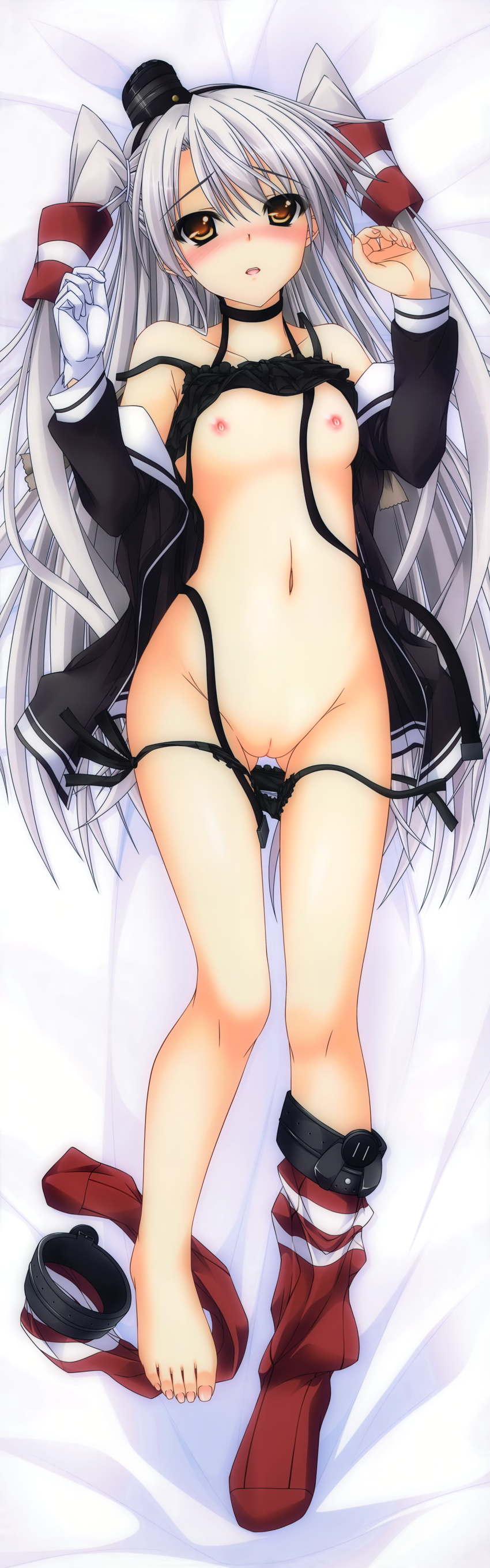 absurdres amatsukaze_(kantai_collection) aoi_hiro bed_sheet black_bra black_panties blush bra bra_lift breasts dakimakura dress full-face_blush full_body garter_straps gloves grey_hair hat highres huge_filesize kantai_collection long_hair long_sleeves mini_hat navel nipples open_clothes open_dress panties panty_pull pussy red_legwear sailor_dress short_dress side-tie_panties single_glove small_breasts solo thighhighs thighhighs_pull thighhighs_removed two_side_up uncensored underwear untied untied_panties white_gloves yellow_eyes