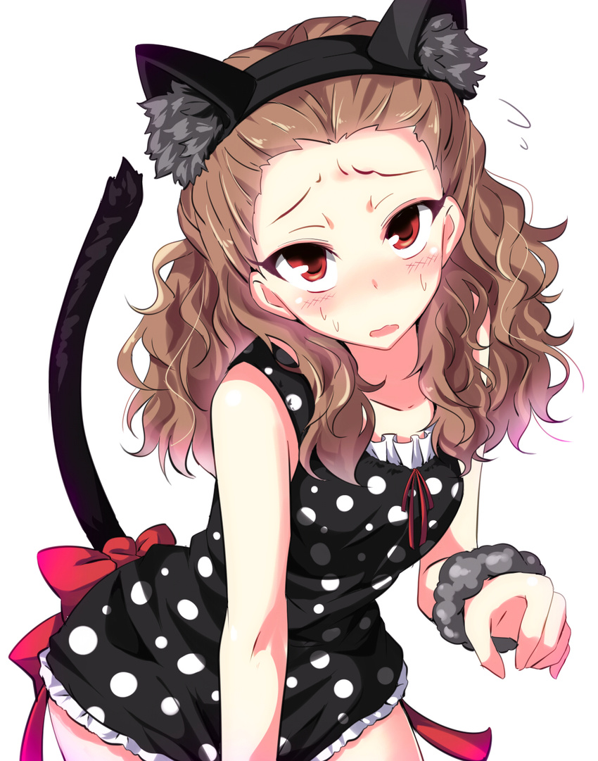 animal_ears black_dress brown_hair cat_ears cat_tail curly_hair dress highres idolmaster idolmaster_cinderella_girls long_hair looking_at_viewer natsu_(anta_tte_hitoha) open_mouth polka_dot polka_dot_dress red_eyes seki_hiromi solo sweat tail