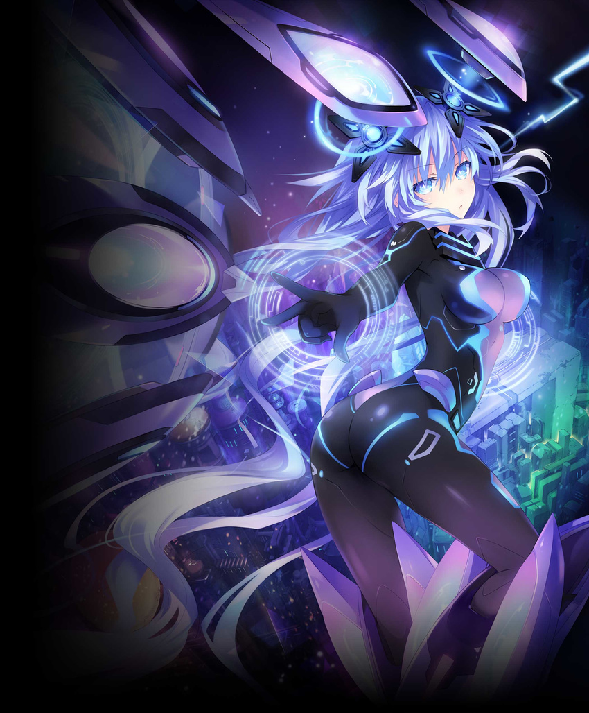 absurdres arched_back ass bangs blue_eyes blue_hair bodysuit breasts building cityscape gloves hair_between_eyes headgear highres long_hair looking_at_viewer looking_back magic_circle magical_girl mechanical_wings medium_breasts neon_trim neptune_(series) next_purple official_art open_mouth outstretched_arm purple_heart shin_jigen_game_neptune_vii solo standing symbol-shaped_pupils tsunako twintails very_long_hair wings
