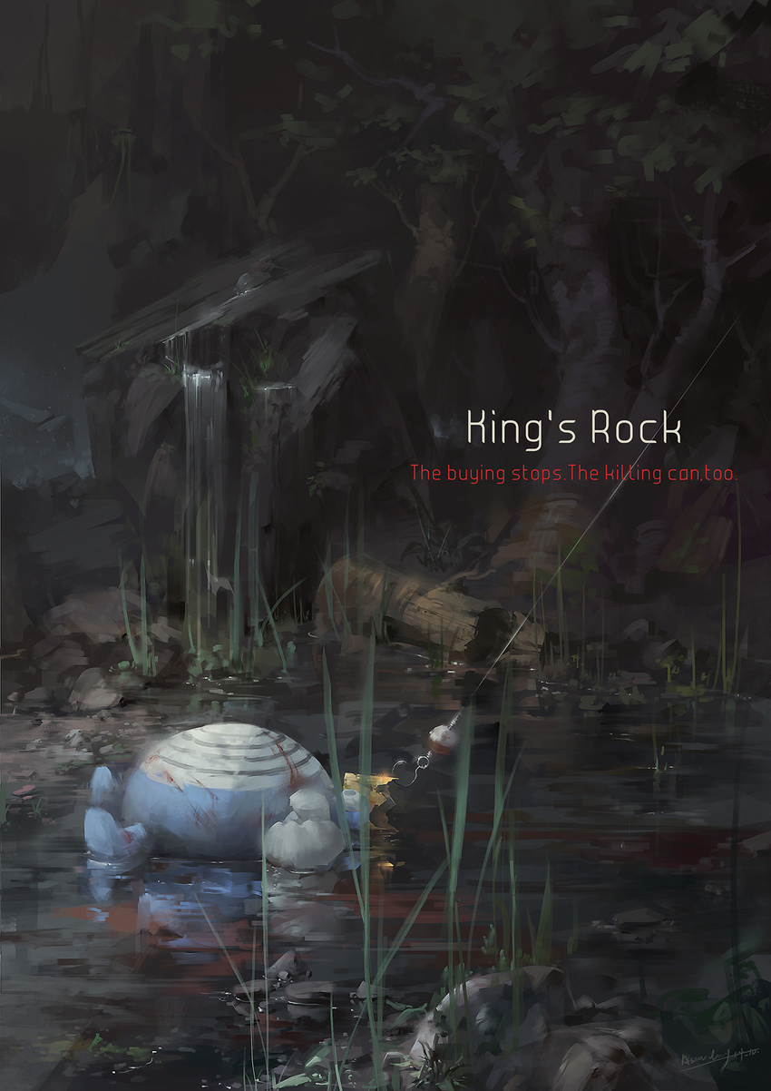 bad_id bad_pixiv_id blood crown dark death english fishing_hook fishing_line forest gen_1_pokemon glint grass highres hook injury king's_rock log lying nature no_humans on_back pokemon pokemon_(creature) poliwhirl pond realistic rock shore text_focus water waterfall