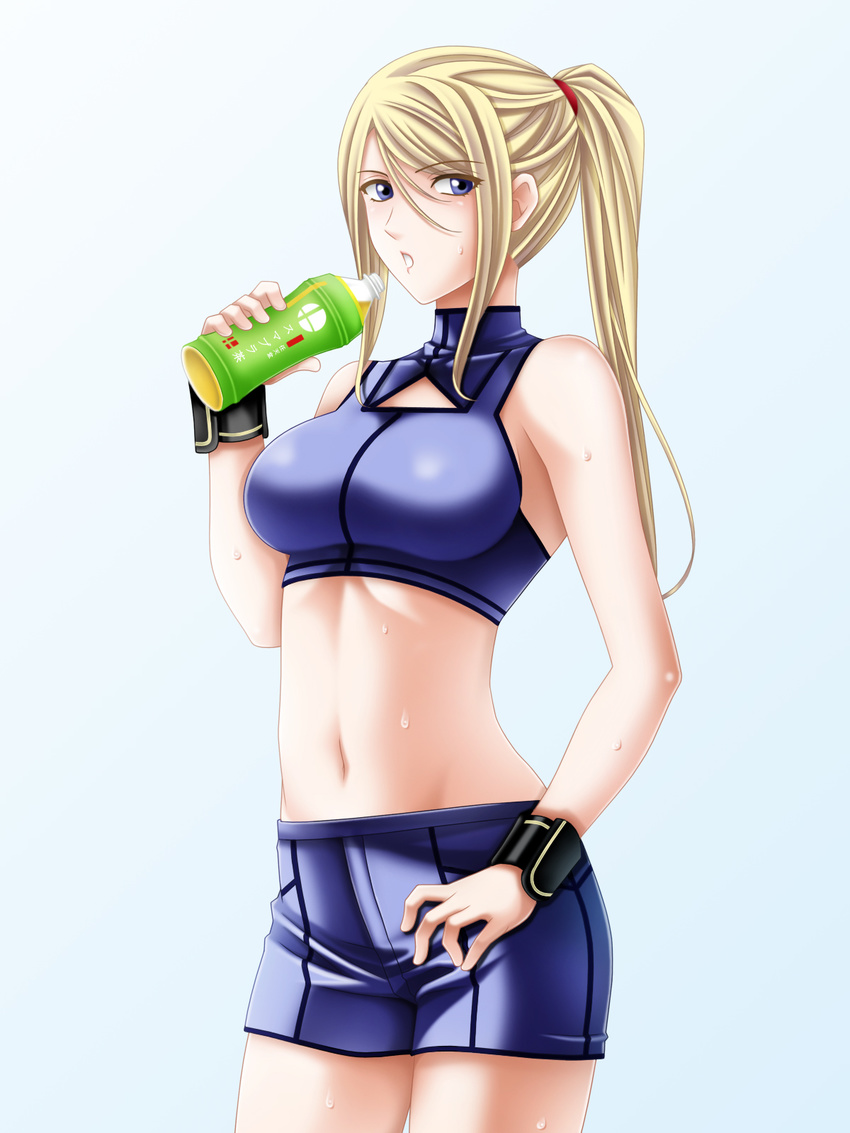 blonde_hair blue_eyes bottle breasts drinking highres large_breasts long_hair looking_at_viewer metroid midriff navel ponytail samus_aran shorts simple_background solo super_smash_bros. sweat tamamon tank_top water_bottle wristband zero_suit