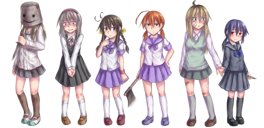 6+girls 6girls aosora_(mizore) axe bandage blonde_hair blue_eyes brown_hair bucket gray_hair grey_hair hand_holding headband indigo_hair knife multiple_girls orange_eyes orange_hair original purple_eyes purple_hair red_eyes school_uniform serafuku shoes skirt socks twintails weapon