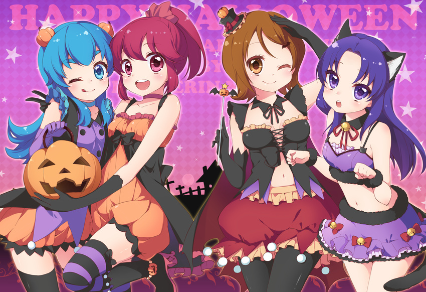 :d ;) ;q aino_megumi alternate_costume animal_ears bell black_gloves black_legwear blue_eyes blue_hair breasts brown_eyes brown_hair cape cat_ears cat_tail choker cleavage colored_stripes detached_collar dress elbow_gloves food_themed_hair_ornament frilled_dress frills fur_trim gloves hair_ornament halloween happinesscharge_precure! happy_halloween hat highres hikawa_iona jack-o'-lantern jingle_bell kuune_rin long_hair looking_at_viewer medium_breasts midriff multiple_girls navel one_eye_closed oomori_yuuko open_mouth pantyhose pink_eyes ponytail precure pumpkin pumpkin_hair_ornament purple_eyes purple_gloves purple_hair red_hair shirayuki_hime short_hair small_breasts smile star striped striped_legwear tail thighhighs tongue tongue_out