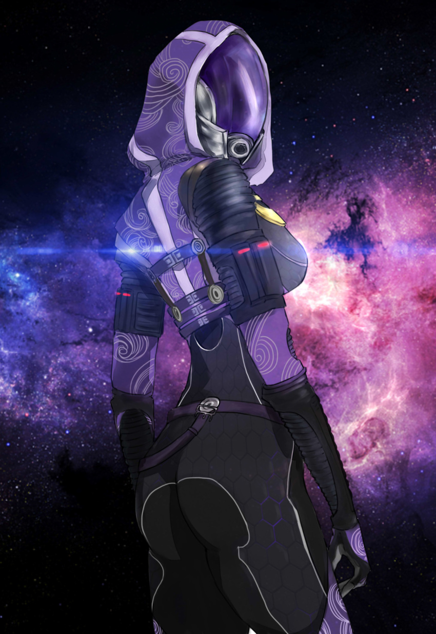 absurdres alien ass bodysuit breasts cowboy_shot fewer_digits from_behind helmet highres kumo_ni_notte looking_back mass_effect medium_breasts quarian solo space tali'zorah