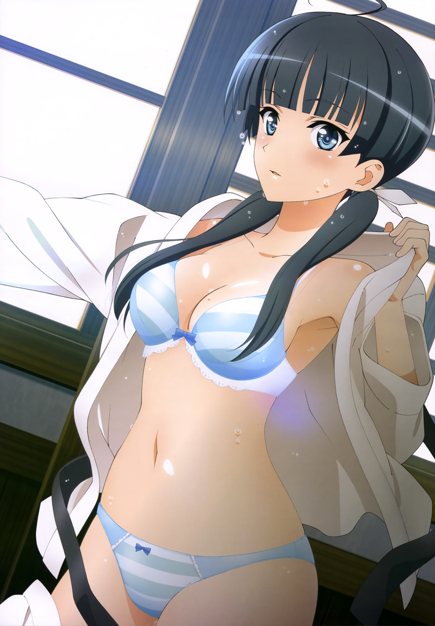 absurdres ahoge black_hair blue_eyes bow bow_panties bra breasts cleavage dutch_angle hasekura_airi highres looking_at_viewer low_twintails medium_breasts navel off_shoulder panties parted_lips scan solo striped striped_bra striped_panties sweat twintails underwear undressing ushinawareta_mirai_wo_motomete