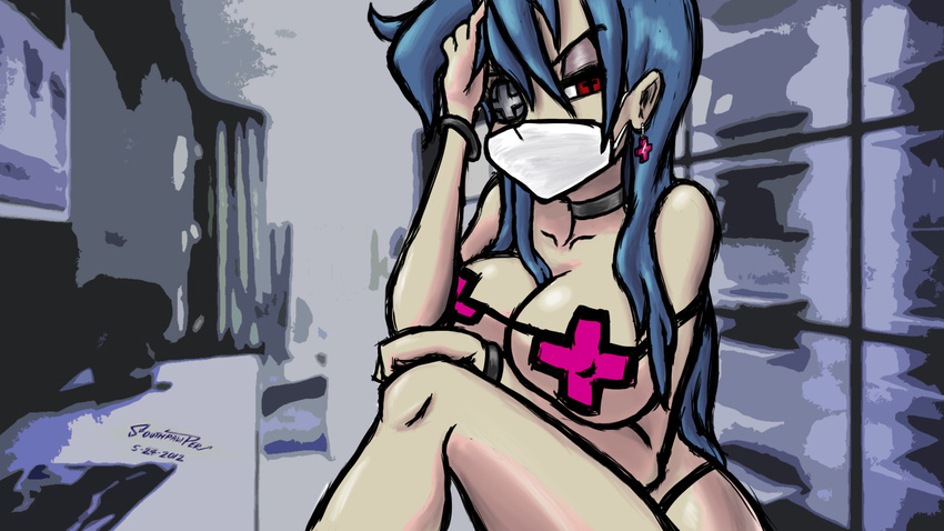 bikini blue_hair breasts choker cleavage cross cross_earrings dated earrings eyepatch highres jewelry large_breasts mask micro_bikini red_cross red_eyes sitting skullgirls solo southpawper surgical_mask swimsuit valentine_(skullgirls)