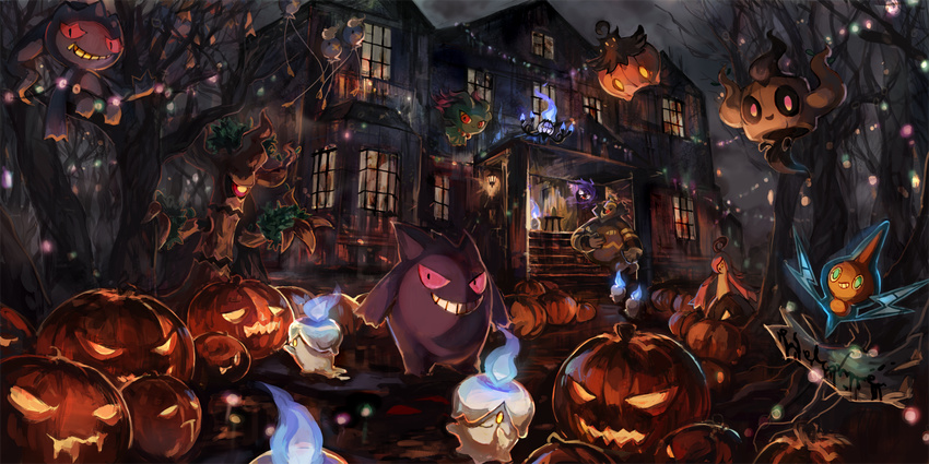 ahoge artist_request banette blue_eyes candle chandelure cyclops drifloon dusknoir fangs fire gastly gengar ghost gourgeist grin halloween jack-o'-lantern jack-o'-lantern lantern litwick misdreavus night nintendo no_humans one-eyed phantump pink_hair pokemon pokemon_(game) pumpkaboo pumpkin red_eyes rotom sakpi sign smile teeth tree trevenant yellow_eyes