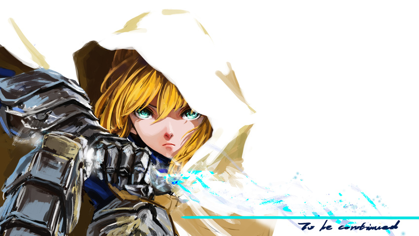 ahoge armor artoria_pendragon_(all) blonde_hair cloak excalibur fate/stay_night fate_(series) forminori gauntlets green_eyes highres hood invisible_air saber solo