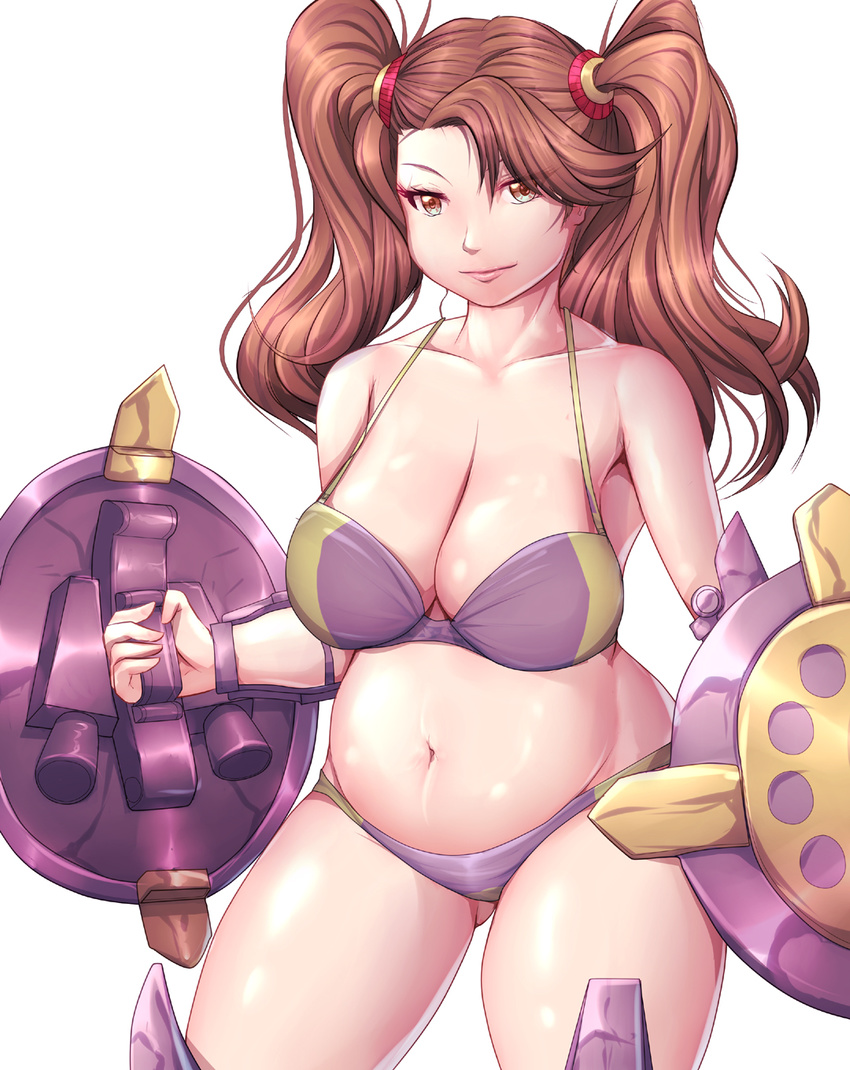 bare_shoulders bikini breasts brown_eyes brown_hair gundam gundam_build_fighters gundam_build_fighters_try harihisa highres large_breasts plump sagging_breasts sazaki_kaoruko shield simple_background solo swimsuit thighs white_background