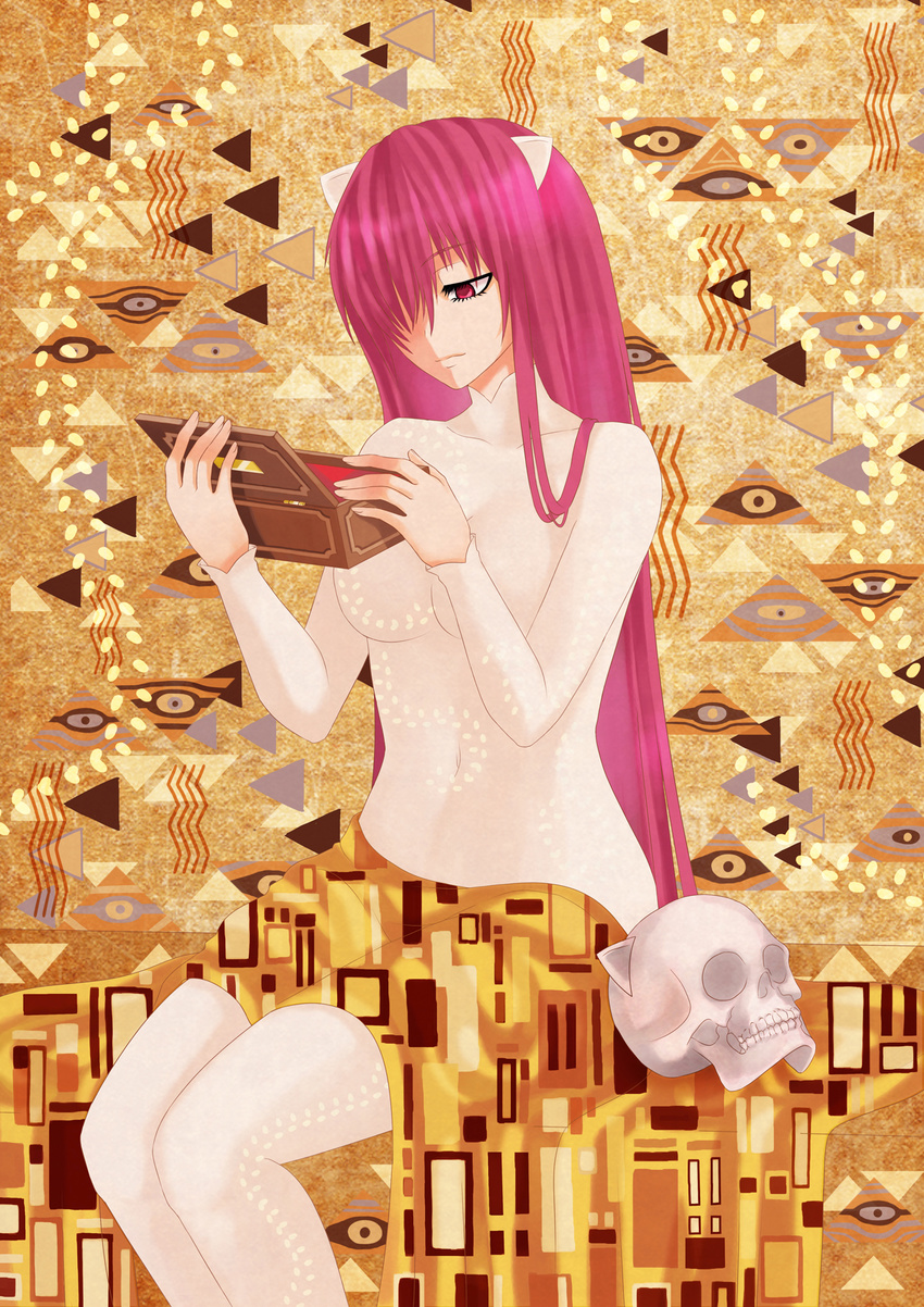 abstract_background bodysuit breasts covered_navel elfen_lied hair_over_one_eye highres horns long_hair long_sleeves lucy medium_breasts music_box red_eyes red_hair sitting skull solo very_long_hair yoneyu