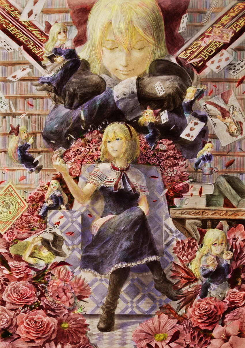 absurdres alice_margatroid apron black_hair blonde_hair blue_eyes book bookshelf boots bow capelet card carrying chair checkered checkered_floor closed_eyes colorized commentary crossed_arms crossed_legs cup desk dress flower flying goliath_doll graphite_(medium) green_eyes hair_bow hairband hakurei_reimu hat highres hiru kirisame_marisa long_hair looking_at_another mixed_media multiple_girls neck_ribbon outstretched_arm petals reading red_eyes ribbon rose rose_petals shanghai_doll short_hair sitting smile stretch sword teacup third-party_edit touhou traditional_media watering_can weapon witch_hat yellow_eyes yin_yang
