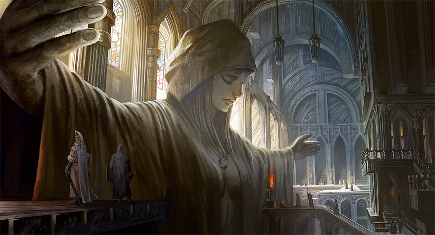 architecture breasts cape church cleavage closed_eyes fire flame gothic_architecture hood indoors jewelry lantern lips long_sleeves medium_breasts multiple_boys necklace noba outstretched_arms pendant pixiv_fantasia pixiv_fantasia_fallen_kings praying robe scenery spread_arms stained_glass statue sword vaulted_ceiling weapon window