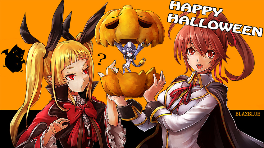 ? android blazblue blazblue:_chronophantasma blonde_hair bow brown_hair cape celica_a_mercury copyright_name electric_plug hair_ribbon halloween happy_halloween jack-o'-lantern minerva_(blazblue) minigirl multiple_girls ponytail rachel_alucard red_bow red_eyes ribbon sazae-san sowel_(sk3) twintails