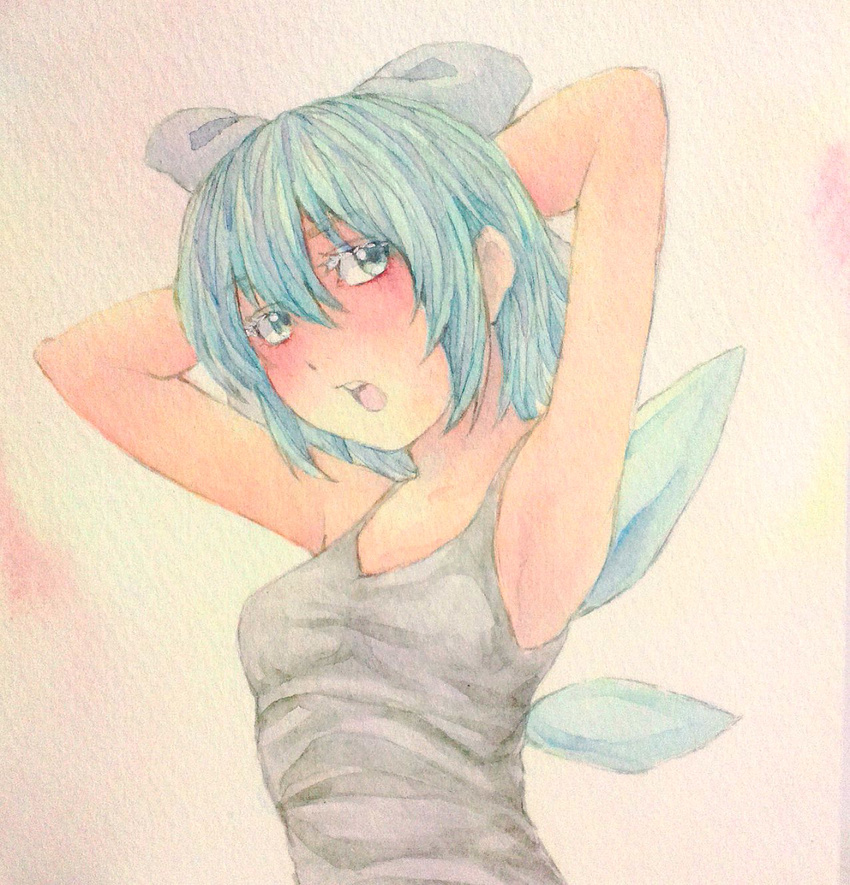 acrylic_paint_(medium) armpits arms_behind_head blue_eyes blue_hair blush bow breasts cirno contemporary graphite_(medium) hair_bow highres ice ice_wings looking_back open_mouth short_hair small_breasts solo tank_top touhou traditional_media upper_body watercolor_(medium) wings yuyu_(00365676)