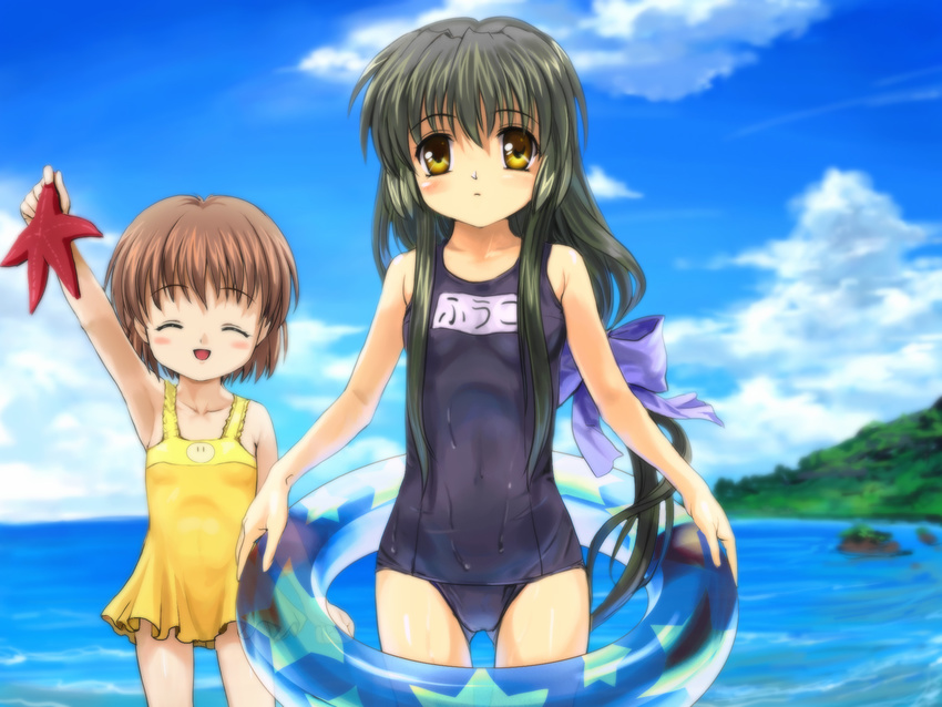 armpits beach black_hair brown_eyes brown_hair child clannad closed_eyes day highres ibuki_fuuko innertube long_hair multiple_girls mutsuki_(moonknives) okazaki_ushio one-piece_swimsuit school_swimsuit short_hair smile starfish swimsuit wet