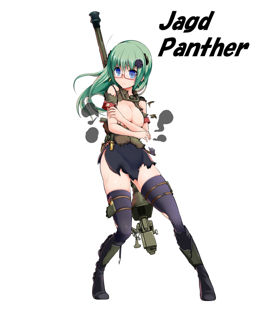 blue_eyes breasts cannon covering covering_breasts crossed_arms embarrassed full_body green_hair highres jagdpanther_(personification) large_breasts long_hair miki_purasu military one_side_up original personification simple_background solo tears torn_clothes white_background world_of_tanks