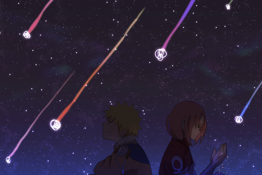 back-to-back back_to_back haruno_sakura naruto night night_sky o96ap shooting_star sky star_(sky) uzumaki_naruto