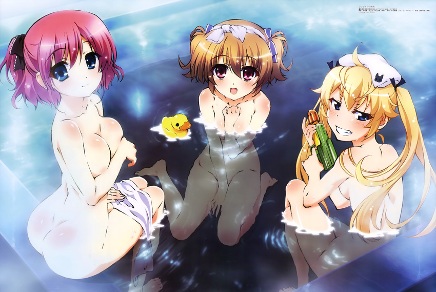 absurdres areolae ass between_legs black_bow blonde_hair blue_bow blue_eyes blue_towel bow breasts brown_hair cleavage convenient_arm covering covering_breasts grisaia_(series) grisaia_no_kajitsu hair_bow hand_between_legs highres irisu_makina komine_sachi legs looking_back matsushima_michiru medium_breasts megami multiple_girls non-web_source nude official_art open_mouth partially_submerged print_towel red_eyes red_hair rubber_duck sideboob small_breasts smile towel towel_on_head towel_on_legs twintails water water_gun wet white_towel yano_akane