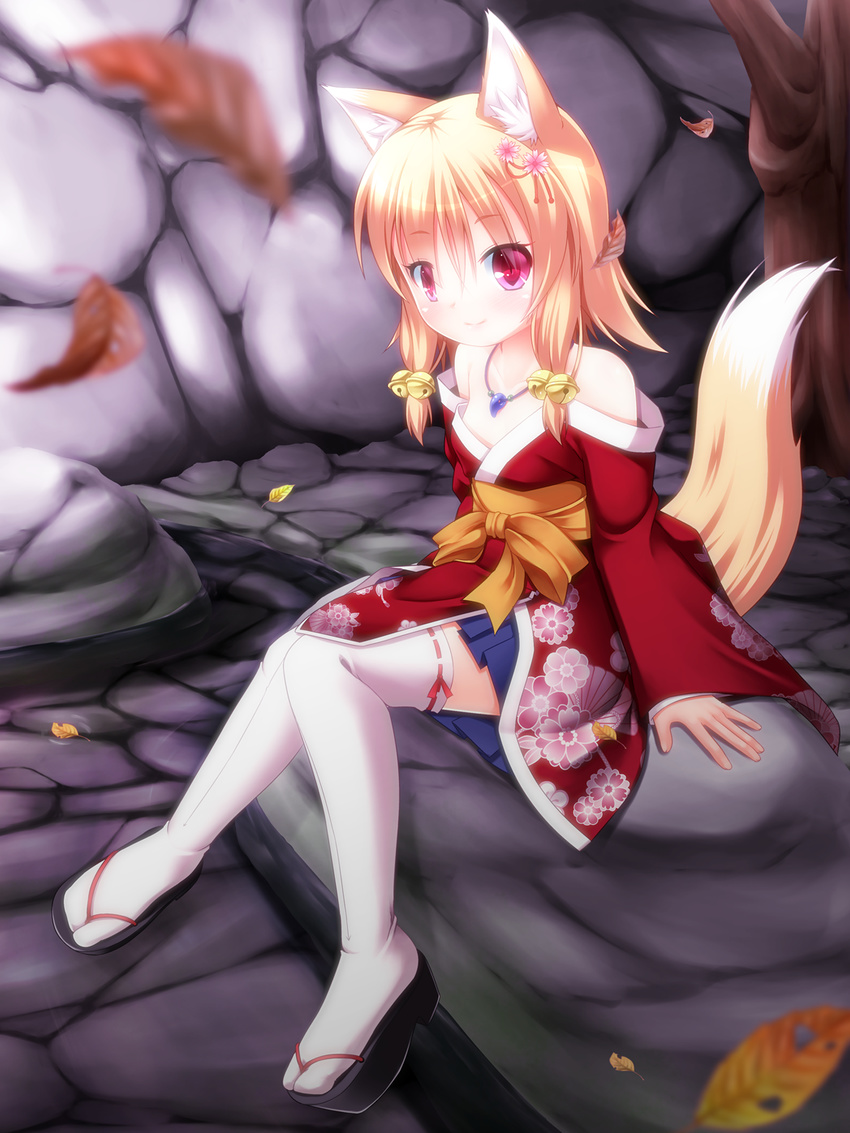 animal_ears bell blonde_hair fox_ears hair_ornament highres japanese_clothes jingle_bell kanna_hisashi konoka_(kanna_hisashi) original red_eyes sandals short_hair sitting smile solo tail thighhighs